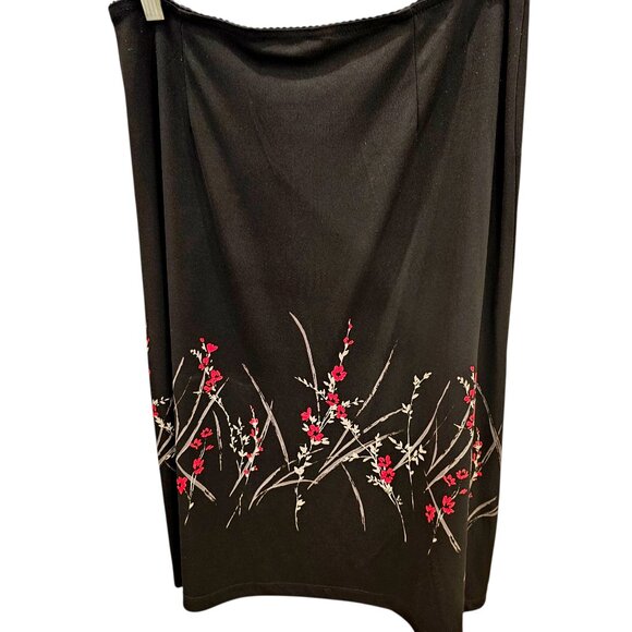 Express Black Floral Midi Skirt Size M Pull-On Red Beige Print USA Made - Picture 3 of 4